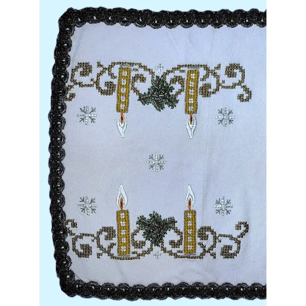 Holiday Xmas Candles Snowflakes Needlework Wool Runner Vtg / Antique 18x42